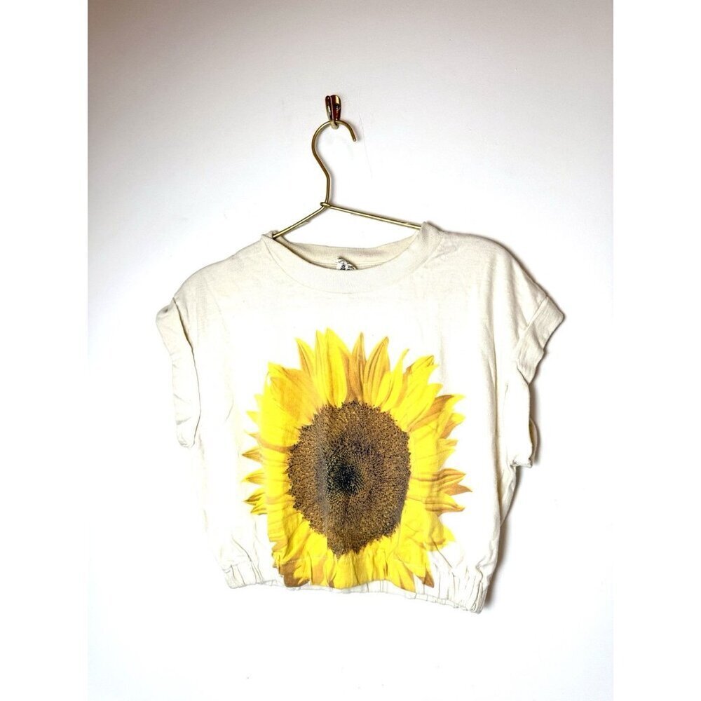 Vtg 90s Sunflower Floral Cropped USA T Shirt - Picture 2 of 7